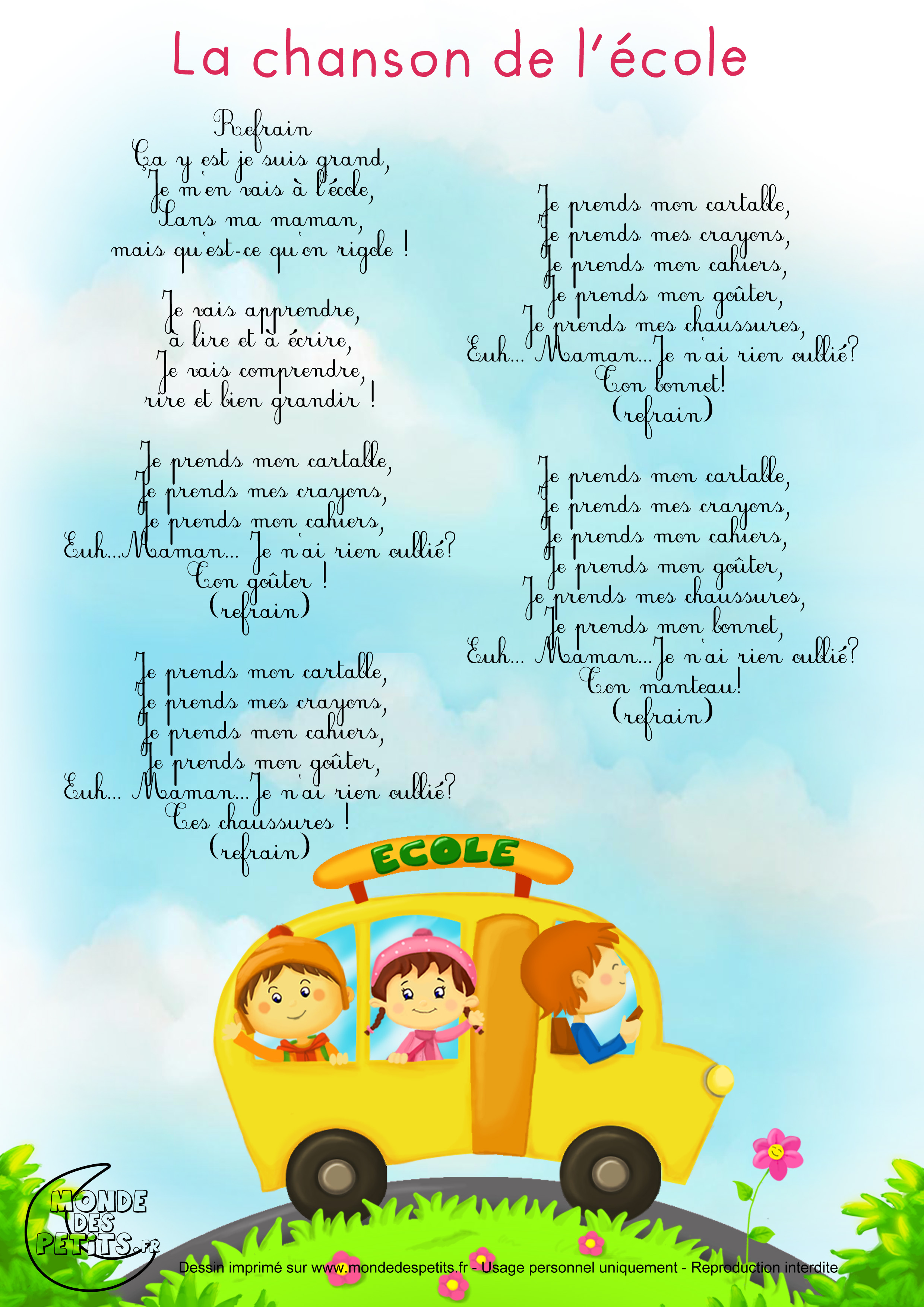 école, enfant, comptine, chanson, paroles, imprimer, crayons, cartable,