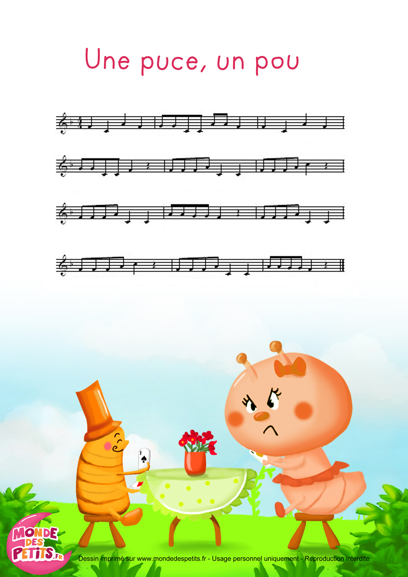 puce, pou, comptine, enfant, paroles, partition, imprimer, chanson,