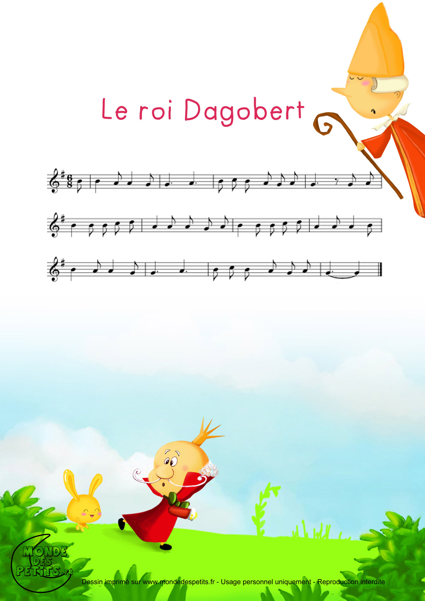 roi, dagobert, bon, vidéo, comptine, chanson, enfant, paroles, partition, 