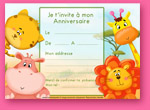 Carte d'invitation d'anniversaire pour les enfants: les animaux rigolos