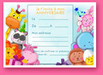 Carte d'invitation d'anniversaire à imprimer: Les animaux
