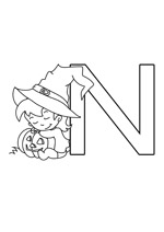 La lettre N à colorier avec la petite sorcière d'Halloween
